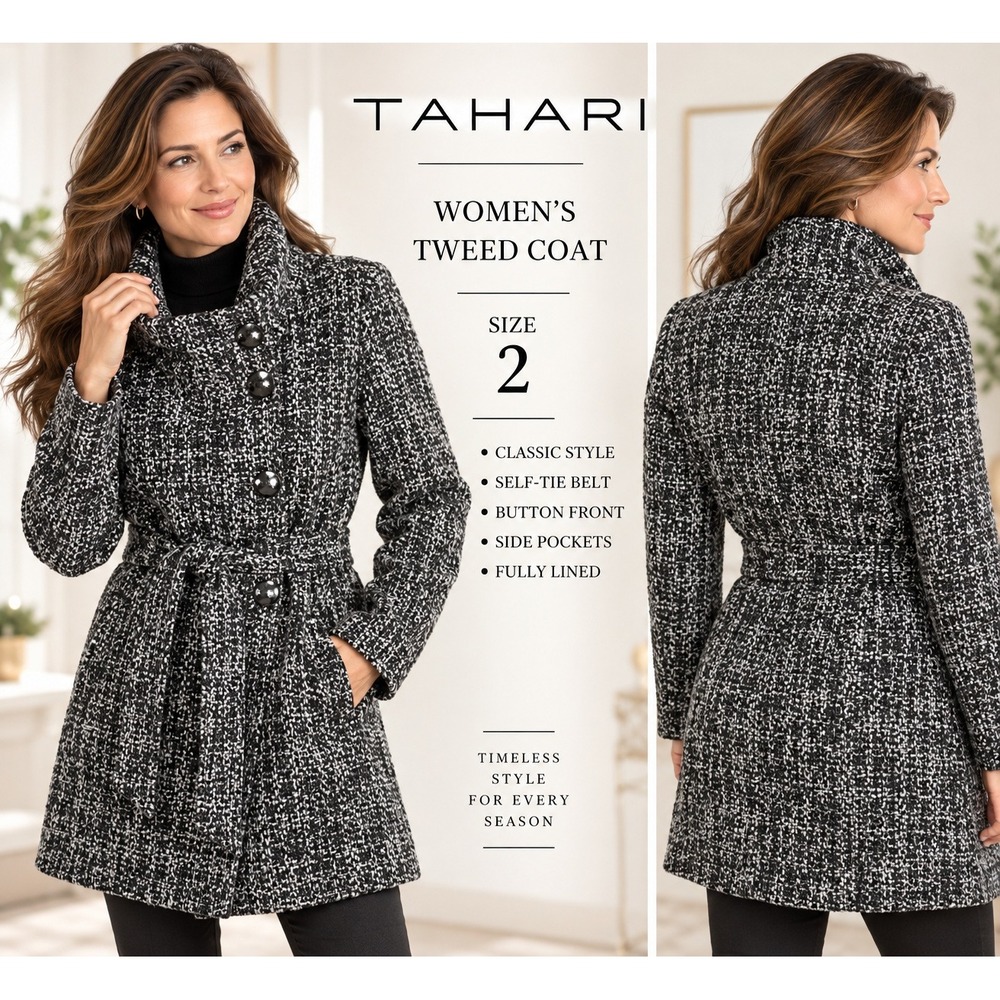 T Tahari Womens 2 Tweed Wool Blend Coat Black White Belted Button Lined #1923
